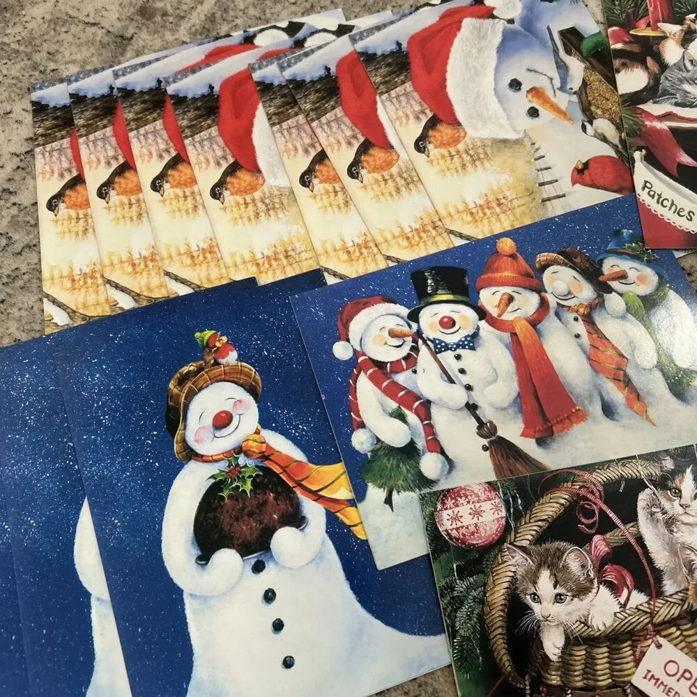 Christmas Mixed Tree-Free Greeting Cards Set Of 14 NO Envelopes Snowmen Kittens